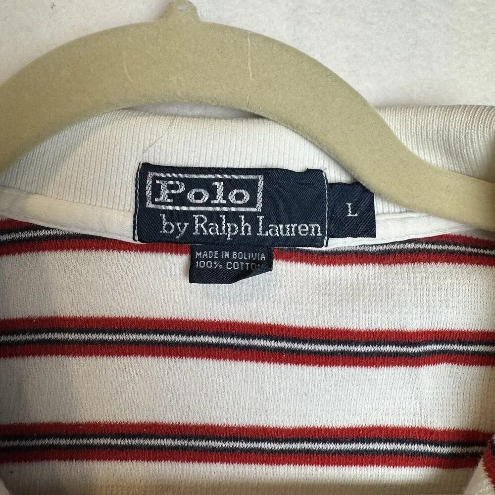 Polo Ralph Lauren Mens‎ Red White Striped Knit Short Polo Shirt Blue Pony Size L